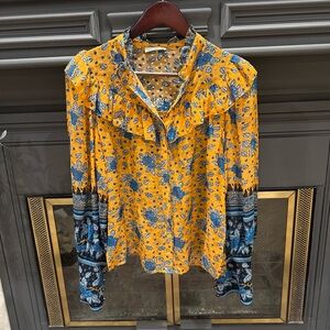 Ulla Johnson Mustard and Blue Sheer Floral Button Down Blouse Sz 2